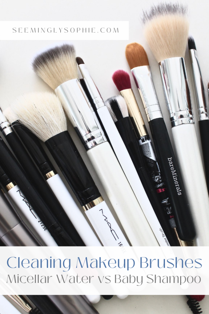 Find out why baby shampoo is by go-to for cleaning my makeup brushes. Compared to micellar water, baby shampoo worked so much better at cleaning my makeup brushes. This comparison between baby shampoo and micellar water has before and after photos to show you how clean my brushes were after using baby shampoo. #comparison #beforeandafter #cleaning #makeupbrushes #makeup #babyshampoo