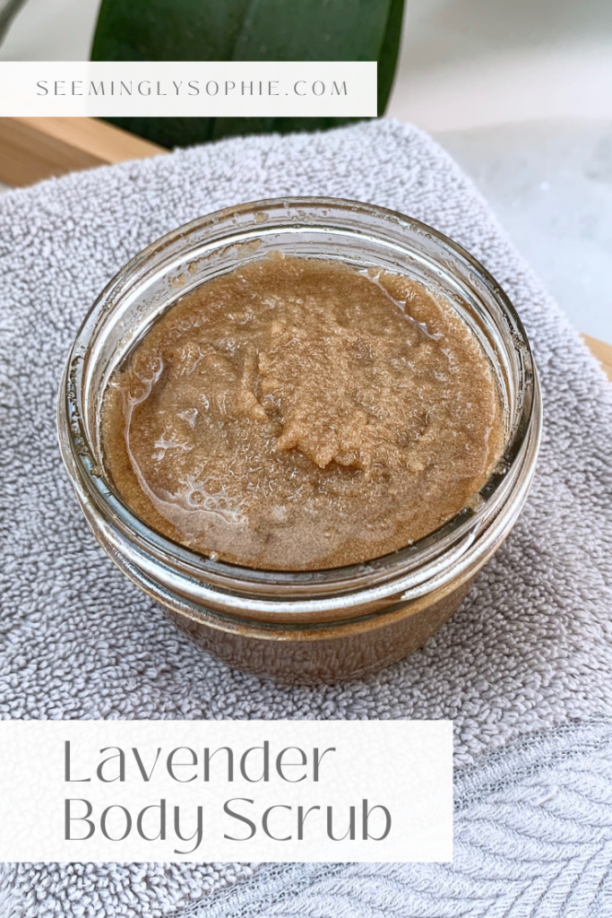 Find out how to make this super easy lavender sugar scrub. This sugar scrub has coconut oil, which is super nourishing for your skin, and brown sugar to help exfoliate. Lavender essential oil makes this scrub smell amazing and is a perfect way to help you relax and reduce stress. #DIY #DIYideas #bath #skincare #bodyscrub #sugarscrub #coconutoil #brownsugar #lavender #exfoliating